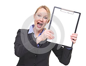 Portrait of a businesswoman with crazy expression showing blank sign clipboard