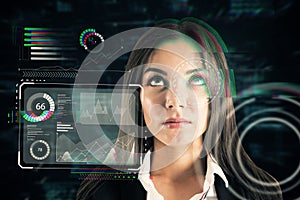 Portrait of businesswoman with creative eye scanning interface hud screen on dark background. Biometrics ID concept. Double