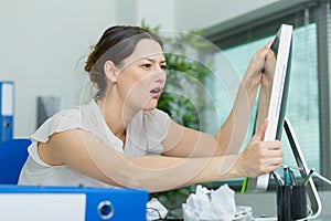 portrait businesswoman crying at work photo