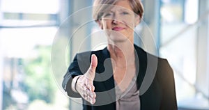 Portrait, businesswoman and handshake or welcome in office for greeting, b2b deal or agreement. Impression, mature