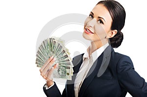 Portrét podnikateľka držanie klip z peniaze 