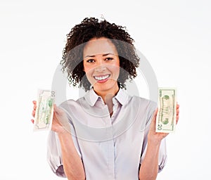 Portrait of businesswoman holding dollars