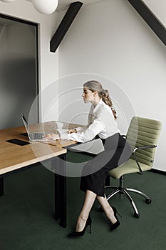 Portrait of a businesswoman with a laptop writing on a document in her office. Girl close-up at work.