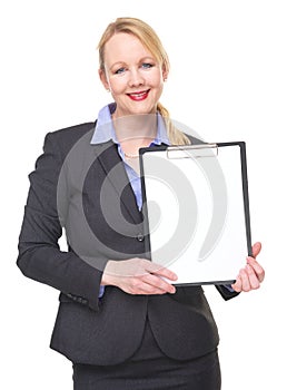 Portrait of a businesswoman showing empty sign clipboard