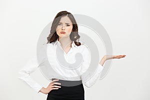Portrait businesswoman showing and presenting copy space in business dress suit on white background.