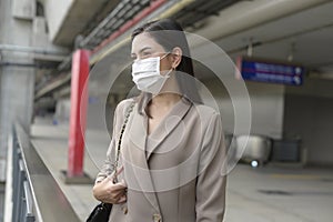 Portrait of  Businesswoman is wearing face mask work in modern City , people lifestyle , working under Covid-19 pandemic concept