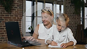 Portrait of a busy beautiful middle-aged business woman working on laptop when her little lovely grandchild something