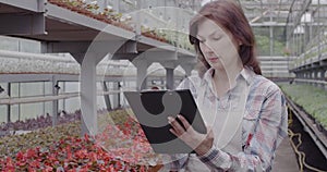 Portrait of busy Caucasian woman taking notes and smiling at camera in greenhouse. Mid-adult agronomist working in