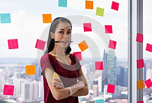 Portrait Busy Person With Many Sticky Notes On Office Window