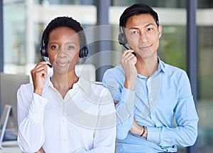 Portrait, call center and business people with headset in office consulting for crm, contact us or customer service