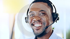 Portrait, call center and happy black man in telemarketing, support and help desk in office. Customer service, sales