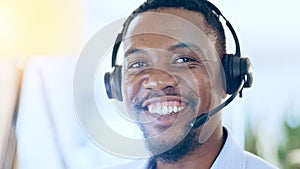 Portrait, call center and smile of black man in telemarketing, support and help desk in office in Nigeria. Customer