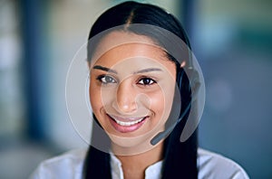 Portrait, call centre and woman with headset, communication and talking for CRM. Technology, telecommunication and