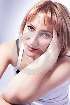 Portrait of Calm and Tranquil Dreaming Caucasian Blond Woman