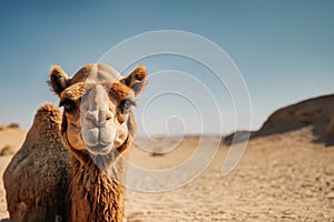 Portrait of a camel, close-up. View of a camel on the background of sand dunes of the desert