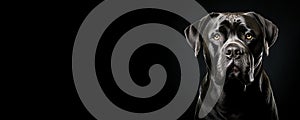 Portrait of a Cane Corso dog isolated on black background banner with copy space