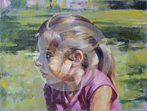 Portrait on canvas with oil paints of a little girl