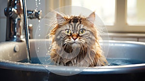 Portrait capturing the displeasure of a cat during a bath