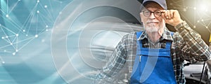 Portrait of car mechanic; panoramic banner