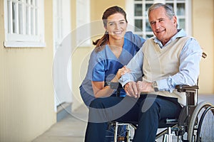 Portrait, caregiver or old man in a wheelchair in hospital helping an elderly patient for support in clinic. Happy
