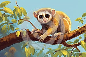 Portrait of cartoon Slow Loris on a branch Generative AI