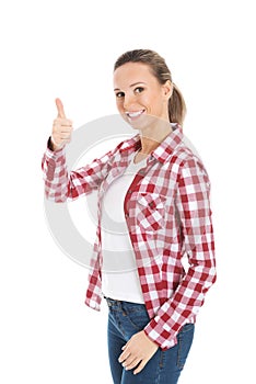 Portrait of casual young woman showing OK.