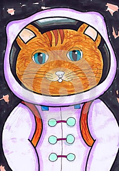 Portrait of a cat astronaut. Children`s drawing