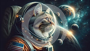 portrait of a cat in an astronaut\'s spacesuit. Animal in space. Space science