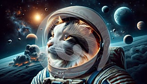 portrait of a cat in an astronaut\'s spacesuit. Animal in space. Space science