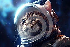 Portrait of a cat in an astronaut suit on space background, Cat astronaut in a spacesuit on a science fiction concept, AI