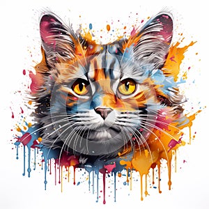 Portrait of a cat with colorful splashes on a white background. Generative AI