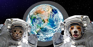 Portrait of a cat and dog astronauts on the background of the globe photo