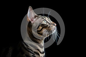 Portrait Of Cat Egyptian Mau In Profile On Black Matte Background. Generative AI