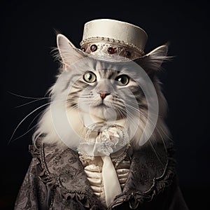 Portrait of cat in a fashion suit, kitten in a fancy dress. Fashion parade