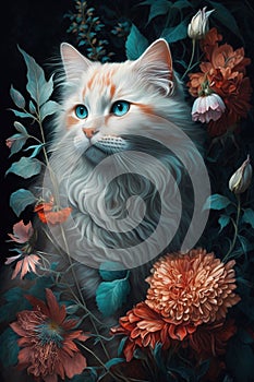 Portrait of a cat among flowers. Created with Generative AI