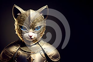 Portrait of cat. In gold knight armor