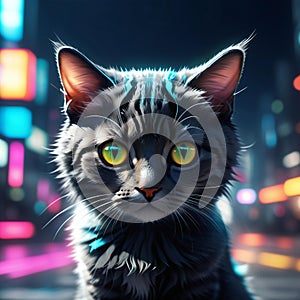 Portrait of a cat with green eyes on a background of the night city