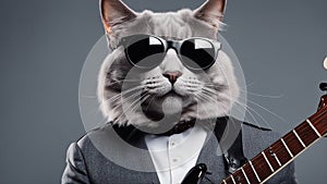 portrait of a cat with a guitar Cat Scottish Straight in sunglasses with electric guitar on gray background