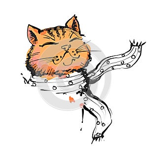Portrait of cat hipster in scarf, hand drawn vector illustration.