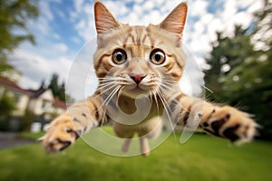 Portrait of cat jumping to the camera viewer