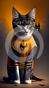 Portrait from a cat in orange Halloween costume with bat in front of a spooky castle