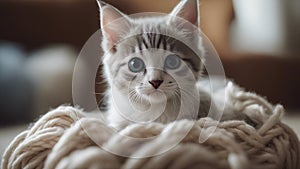 portrait of a cat A perplexed gray and white kitten looking adorably confused as tangled in a soft ball of yarn,