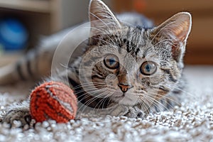 portrait cat play with ball in living room, Funny cat and ball , lovely pet