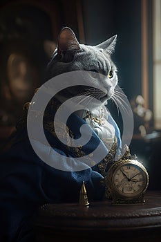 Portrait of a cat with a pocket clock dressed with a blue victorian suit. Generative AI technology