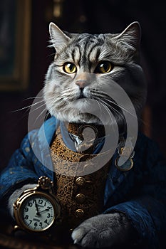 Portrait of a cat with a pocket clock dressed with a blue victorian suit. Generative AI technology