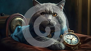 Portrait of a cat with a pocket clock dressed with a blue victorian suit. Generative AI technology