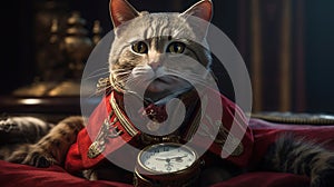 Portrait of a cat with a pocket clock dressed with a red victorian suit. Generative AI technology