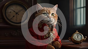 Portrait of a cat with a pocket clock dressed with a red victorian suit. Generative AI technology