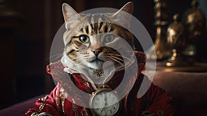 Portrait of a cat with a pocket clock dressed with a red victorian suit. Generative AI technology