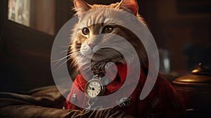 Portrait of a cat with a pocket clock dressed with a red victorian suit. Generative AI technology